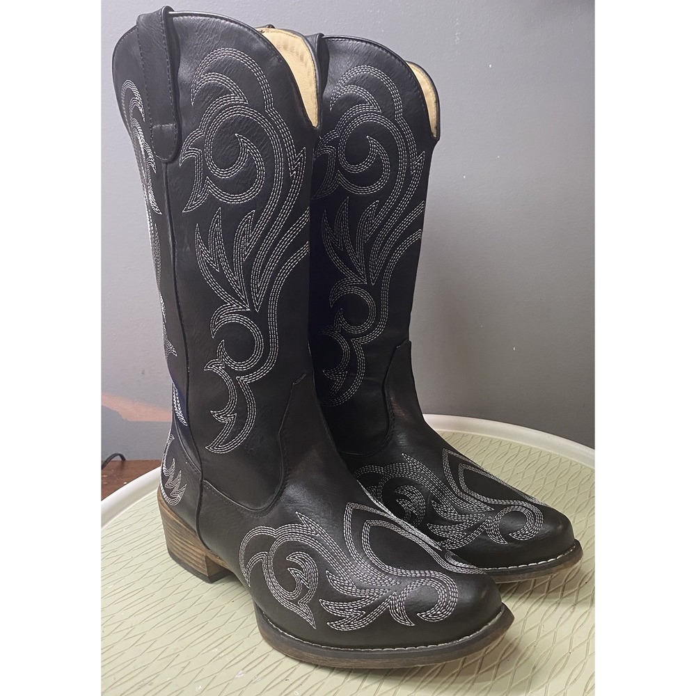 Black Embroidered Lace-Up Women's Cowboy Boots